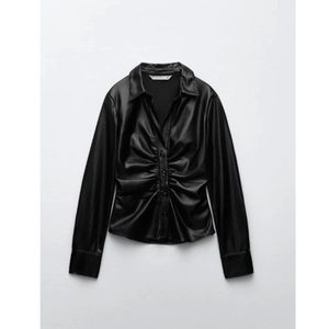 Zara Fitted Faux Leather Button Down Shirt in Black Size Medium